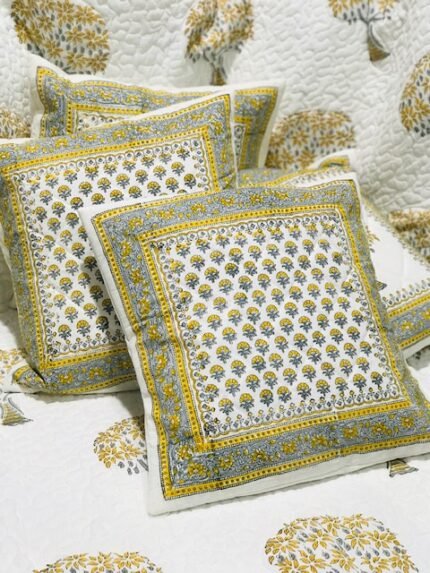 Yellow Handblock Printed Cotton Quilted Cushion Covers